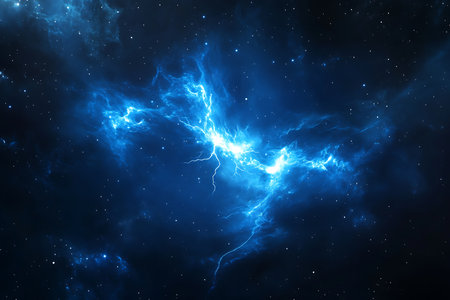 A stunning celestial nebula in deep space, illuminated by intense blue light. Intricate tendrils of energy swirl, suggesting a powerful cosmic phenomenon amidst a field of distant stars.の素材