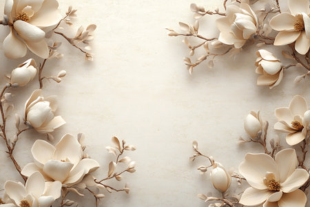 Delicate floral elements in soft beige and cream tones create an elegant and textured backdrop. Perfect for adding a touch of refined beauty to various design projects.の素材