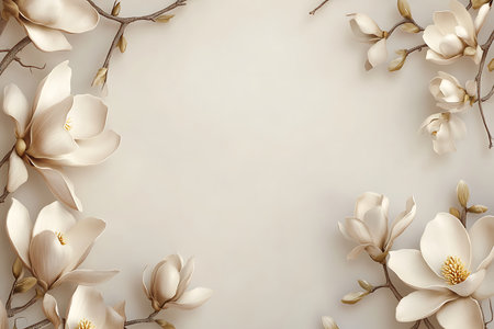 Elegant frame composed of soft, three-dimensional magnolia flowers and buds. The neutral color palette and subtle textures create a sophisticated and serene atmosphere perfect for various design projects.の素材