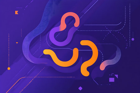 A mesmerizing digital artwork featuring fluid, glowing orange and purple organic shapes intertwined with sharp, futuristic geometric lines against a deep blue-purple gradient background.の素材