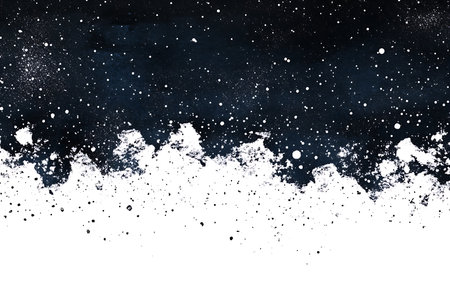 A dynamic abstract image featuring a blend of dark cosmic hues and bright white splatters resembling snowflakes or stars against a deep, textured background.の素材