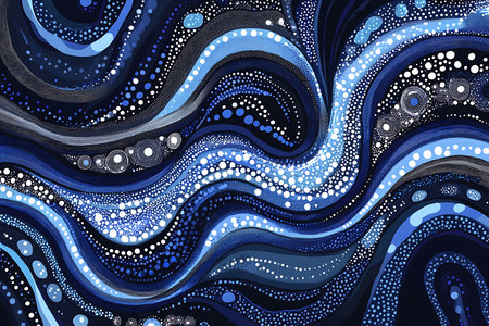 A mesmerizing abstract pattern featuring flowing, rippling waves in shades of deep blue and glowing white. Intricate details include sparkling dots and ethereal lights, creating a dynamic and luminous visual experience.の素材