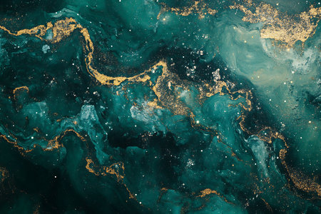 A mesmerizing abstract image featuring a rich tapestry of swirling emerald green hues intertwined with luminous gold accents. Subtle speckles and soft light create depth and visual intrigue.の素材