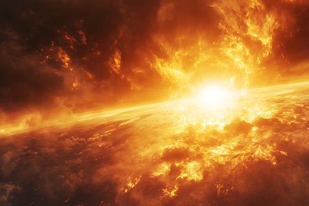 A vibrant and powerful celestial event unfolds, showcasing a brilliant explosion of cosmic energy with intense golden and orange hues. Evokes wonder and the vastness of space.の素材