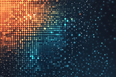 A visually striking abstract design featuring a transition of pixelated light effects from warm orange to cool blue and green hues with subtle luminous sparkles throughout the composition.の素材