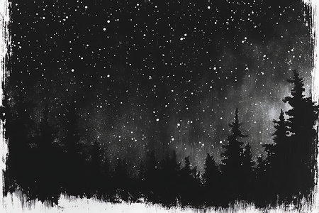 A dark, atmospheric scene depicting a forest's silhouette against a starry sky. Ethereal lights twinkle amongst the trees creating a magical and mysterious ambiance.の素材
