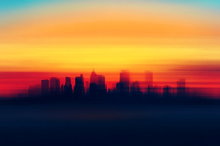 An abstract depiction of a cityscape silhouette bathed in the warm glow of a sunset. The sky features a beautiful blend of yellow, orange, and red tones, creating a vibrant and atmospheric scene.の素材