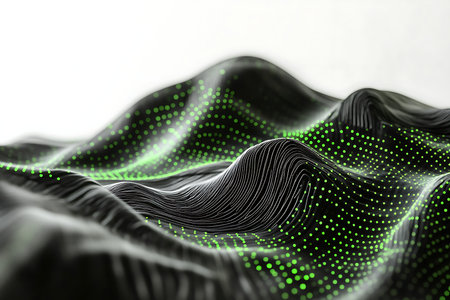 A digitally rendered abstract landscape features undulating dark gray terrain. Vibrant green lines of light and digital patterns illuminate the surface, suggesting data flow and complex networks.の素材