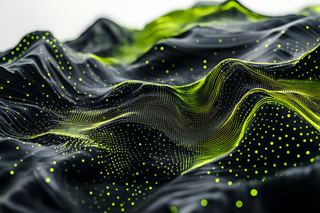 An abstract digital terrain with rolling hills and valleys, rendered in dark, textured surfaces with vibrant green light accents and scattered small glowing particles creating an ethereal atmosphere.の素材