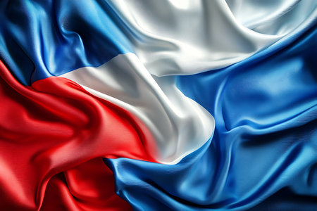 A detailed, close-up view of the Czech Republic's flag rendered in flowing, textured fabric. The dynamic folds and creases highlight the vibrant red, white, and blue colors.の素材