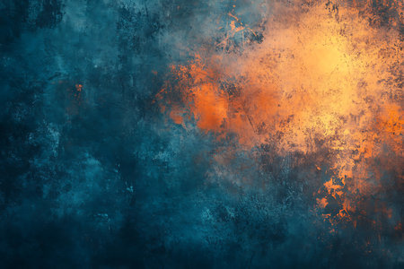 An abstract artwork showcasing a dynamic interplay of deep teal and fiery orange hues. The textured surface creates a sense of depth and energy, ideal for modern decor.の素材