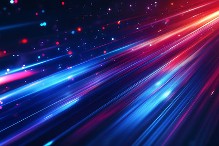 Dynamic abstract composition featuring streaks of vibrant red, blue, and purple light with motion blur, suggesting speed and futuristic digital energy on a dark backdrop.の素材