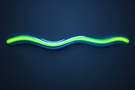 A luminous, wavy line pulses with vibrant green and electric blue hues, creating an abstract, futuristic, and energetic visual on a deep navy backdrop.の素材