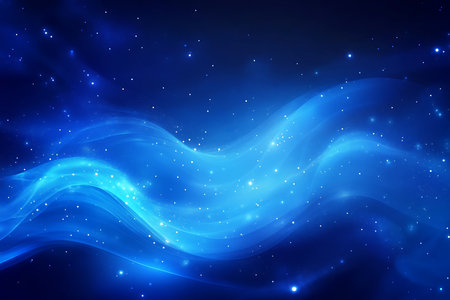 A mesmerizing abstract depiction of a cosmic nebula in deep blue hues. Swirling luminous clouds and scattered stars evoke the vastness and beauty of outer space.の素材