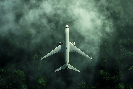 A commercial jetliner is captured from directly above as it navigates through turbulent and moody atmospheric conditions, with shafts of light piercing the dense clouds.の素材