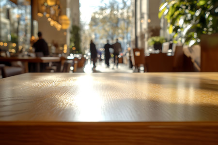 An ambient, softly focused view of an indoor walkway. Natural light streams in, illuminating a path lined with greenery and scattered furniture, creating a peaceful atmosphere.の素材