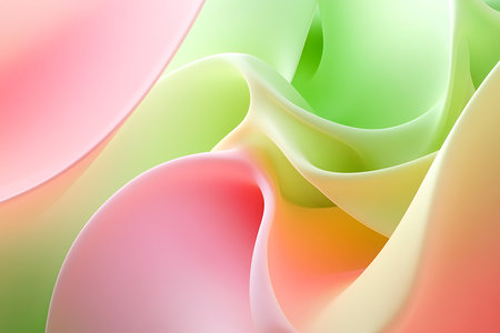 Abstract backdrop featuring translucent fabric with soft pastel hues of pink green and orange flowing in gentle waves, creating a dreamy and elegant texture.の素材