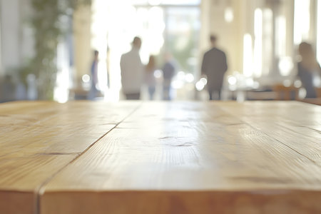 A soft focus view of people silhouetted against bright light in a contemporary office space. A wooden table with papers sits in the foreground, suggesting a meeting or planning session.の素材