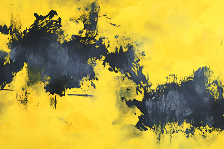 Dynamic abstract artwork featuring bold splashes of dark blue against a vibrant yellow background. Evokes a sense of energy and movement, perfect for adding artistic flair.の素材