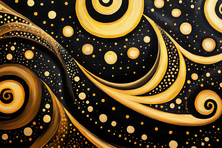 A mesmerizing abstract pattern featuring flowing golden swirls and luminous celestial dots against a dark backdrop, evoking a sense of luxury, mystery, and cosmic wonder.の素材