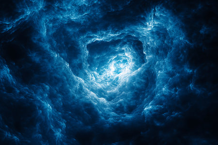 A mesmerizing abstract depiction of a blue cosmic nebula. Swirling patterns of light and energy create a breathtaking visual of deep space wonder and ethereal beauty.の素材