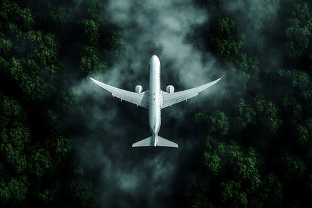 A wide-body jet airplane cruises through a misty sky directly above a dense, dark forest canopy, creating a dramatic and atmospheric aerial perspective.の素材