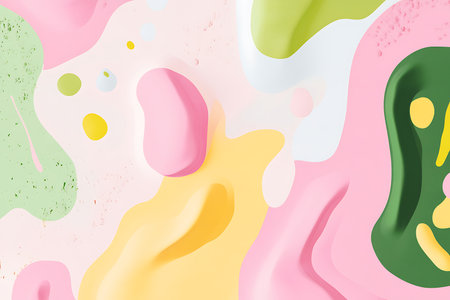 A visually pleasing abstract background featuring soft pastel colors in organic shapes, accented by a bright green form and scattered yellow elements. Ideal for a modern and cheerful aesthetic.の素材