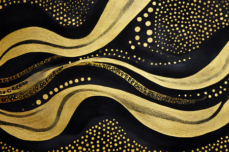 Mesmerizing abstract artwork featuring flowing golden waves intermingled with delicate pearlescent dots and subtle textured patterns, creating a rich and luxurious visual experience.の素材