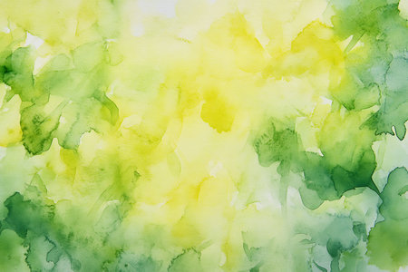 A gentle and organic abstract background featuring soft watercolor washes of yellow and various shades of green, creating a natural and calming texture perfect for design projects.の素材