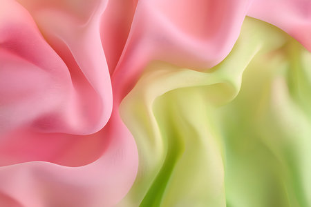 A close-up abstract view of flowing fabric with soft pink and light green hues creating a gentle, organic texture with subtle shadows and light play.の素材
