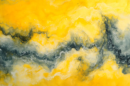 Dynamic interplay of vibrant yellow hues and dark gray textures creating a sense of depth and movement, reminiscent of celestial formations or microscopic cellular structures.の素材