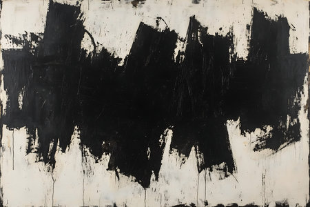 Bold black brushstrokes create a powerful abstract composition against a textured background. This artwork evokes a sense of raw energy and dynamic movement.の素材