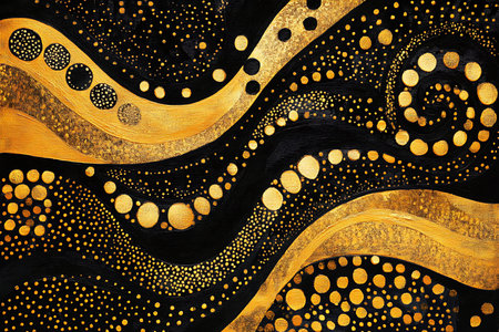 Mesmerizing abstract pattern featuring flowing golden waves and intricate dotted textures against a deep, textured backdrop. A visually rich and dynamic composition perfect for creative projects.の素材