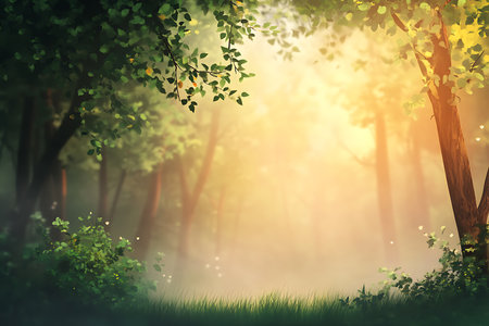 Sunlight streams through the dense canopy of a verdant forest, illuminating the misty air with a warm golden glow. Nature's tranquil and serene beauty is captured in this breathtaking woodland scene.の素材