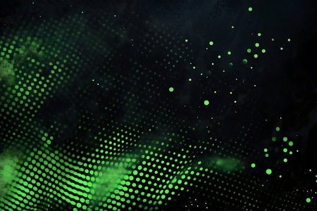 An ethereal abstract scene features a glowing green grid texture on the left, merging into a dark expanse sprinkled with luminous, scattered particles reminiscent of stars or dust.の素材
