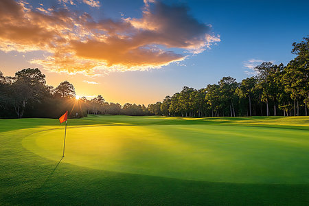 A breathtaking view of a lush green golf course bathed in the warm glow of a sunset. Dramatic clouds paint the sky with vibrant colors, reflecting on the tranquil fairway.の素材
