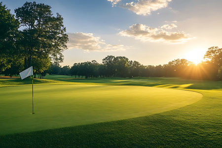 Experience the tranquility of a breathtaking sunrise casting a warm golden glow across a meticulously manicured golf course fairway. A peaceful start to a beautiful day.の素材