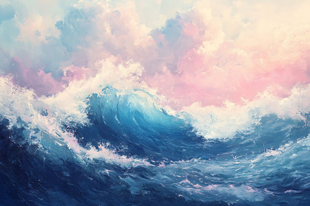 A dynamic abstract representation of ocean waves crashing with vibrant blues and whites, set against a serene sky painted in gentle pinks and yellows.の素材