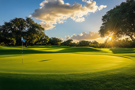 Capturing the serene beauty of a golf course at sunset. Golden hour light filters through lush trees, casting a warm glow on the vibrant green fairway and dramatic clouds.の素材