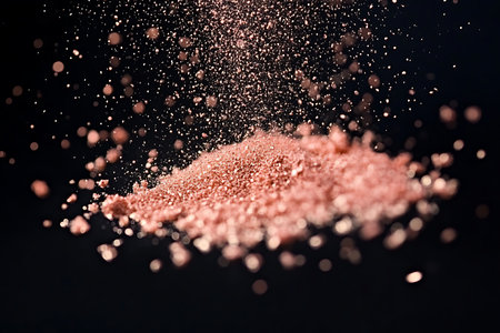 Close-up view of fine pink particles cascading down and accumulating. Streaks of light and bokeh add a magical, ethereal quality to this abstract composition.の素材