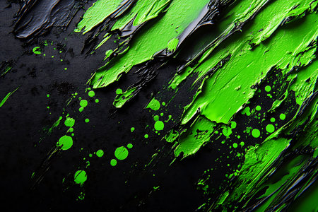 Close-up view of energetic green paint splatters and bold strokes creating a dynamic abstract pattern. The texture of the dark surface adds depth and contrast.の素材