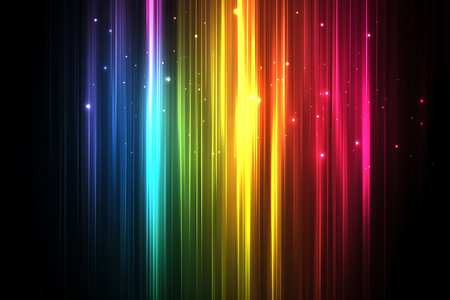 Abstract digital art featuring glowing vertical streaks of rainbow light, creating a dynamic and energetic visual with a bokeh effect. Perfect for backgrounds and creative projects.の素材