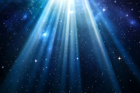 Captivating beams of vibrant blue light pierce through the darkness of space. Tiny sparkling particles float creating a mystical and awe-inspiring cosmic scene.の素材