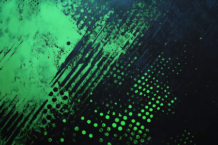 A close-up abstract view of a digital circuit board texture featuring vibrant green hues and deep dark tones, creating a complex and technologically inspired patterned backdrop.の素材