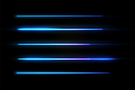 A set of five distinct blue light streaks, each with unique intensity and shimmering accents. These abstract light effects create a futuristic and energetic visual on a dark background.の素材