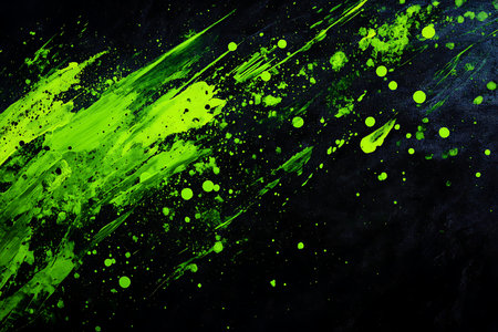 An energetic abstract composition featuring a dynamic green splash and scattered luminous particles against a dark backdrop, ideal for modern graphic design elements.の素材