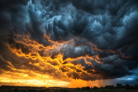 An intense sky filled with dramatic, colorful clouds during sunset. Fiery oranges transition to deep blues and grays, showcasing the power and beauty of nature's stormy atmosphere.の素材