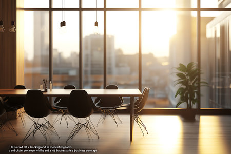 A contemporary office meeting space bathed in warm, golden hour sunlight. Large windows offer views of trees, creating a bright and inviting atmosphere for collaboration and productivity.の素材
