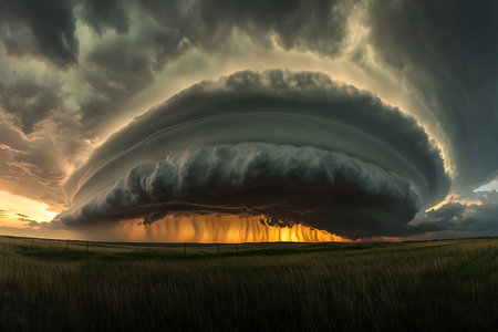 A breathtaking view of a massive supercell thunderstorm under a vibrant sunset sky. The powerful storm cloud formations are illuminated from below, showcasing nature's raw power and beauty.の素材