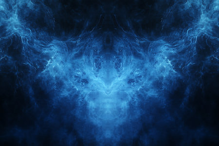 This abstract image features vibrant blue and teal hues creating a mystical, ethereal glow. The patterns suggest swirling smoke or energetic light, evoking a sense of wonder and depth.の素材